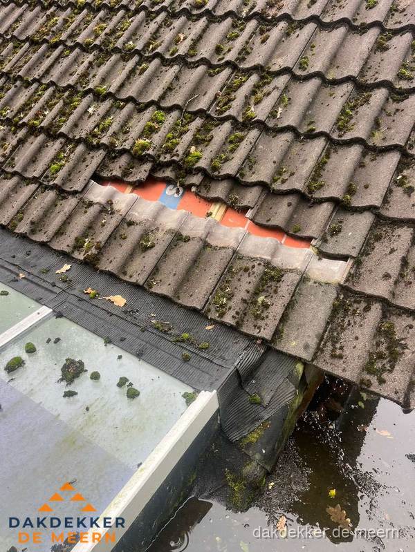 Beschadigd pannendak met ontbrekende dakpannen voor reparatie in De Meern Beschadigd pannendak met ontbrekende dakpannen voor reparatie in De Meern